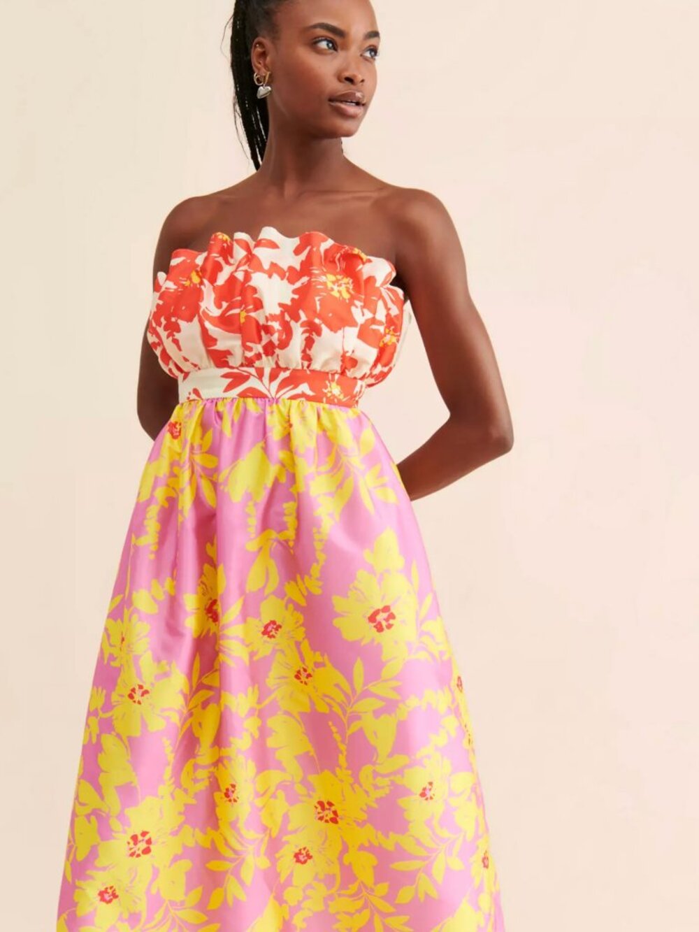 Anthropologie Vineet Bahl Multicolor Floral Strapless Gathered Midi Dress Sz XS